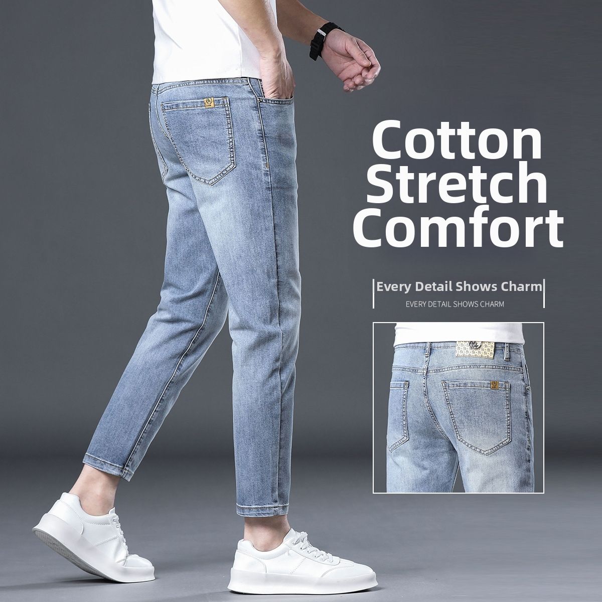 Men's Slim Fit Cropped Jeans Blue Low Waist Trousers With Slight Stretch For Spring High End Trendy Brand Lightweight Long Jeans_mkmklike.com