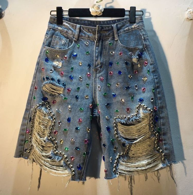 Women's Colorful Rhinestone Beaded Ripped Denim Shorts Street Style Handmade Embellishments Frayed Edges_mkmklike.com