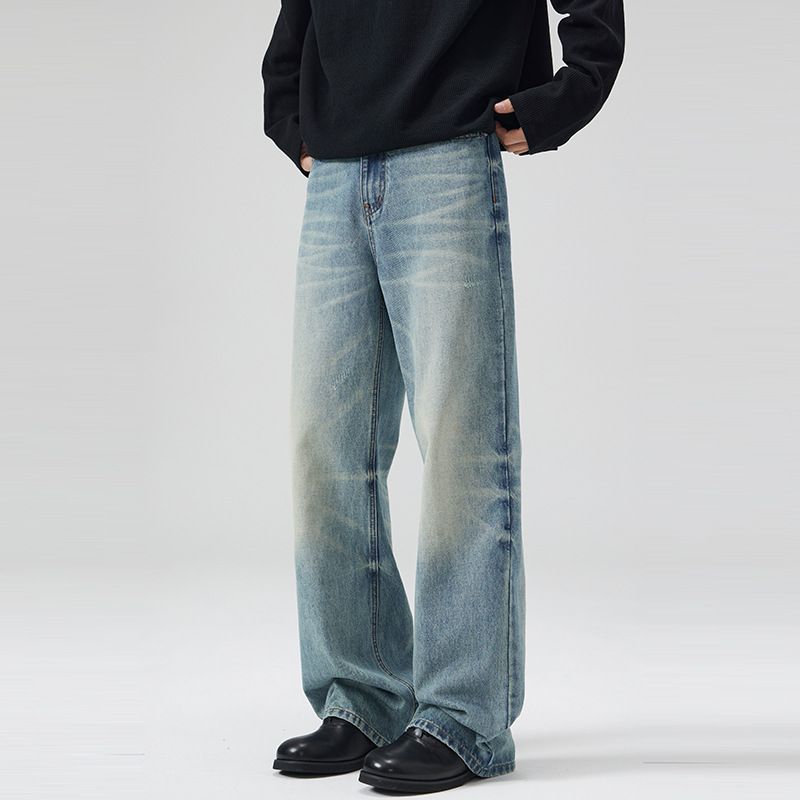 Vintage Washed Blue Straight Leg Denim Jeans For Men & Women - 100% Cotton Cleanfit Retro Style With Distressed Details_mkmklike.com