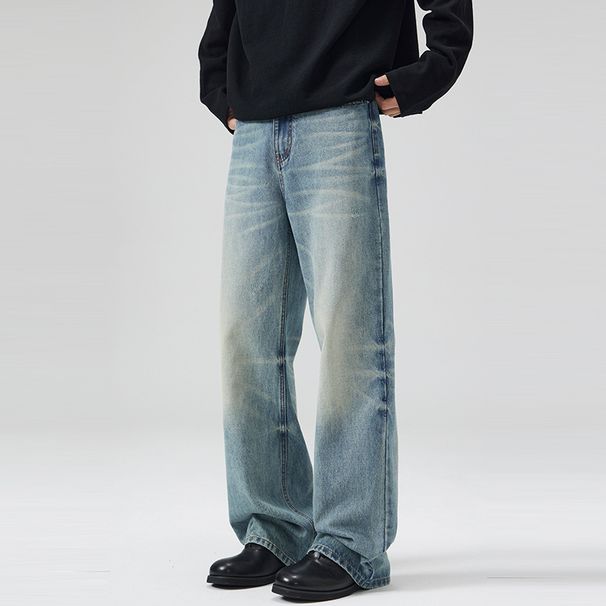 Vintage Washed Blue Straight Leg Denim Jeans For Men & Women - 100% Cotton Cleanfit Retro Style With Distressed Details_mkmklike.com