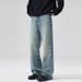 Vintage Washed Blue Straight Leg Denim Jeans For Men & Women - 100% Cotton Cleanfit Retro Style With Distressed Details_mkmklike.com