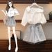 Women's Clothing Slightly Plump Girls' Outfit Suits Summer New Slimming Off Shoulder Short Sleeved Shirt Denim Shorts Two Piece Suit_mkmklike.com