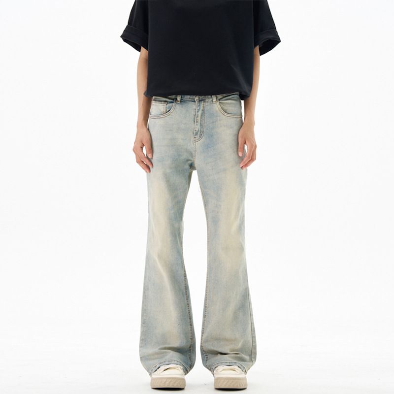 Men's Vintage Washed Denim Bell Bottom Trousers Slim Fit Retro Rock Style Stretch Jeans_mkmklike.com