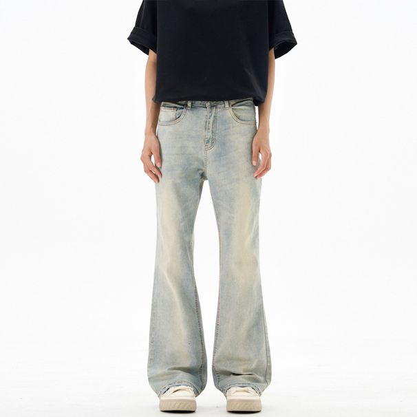 Men's Vintage Washed Denim Bell Bottom Trousers Slim Fit Retro Rock Style Stretch Jeans_mkmklike.com