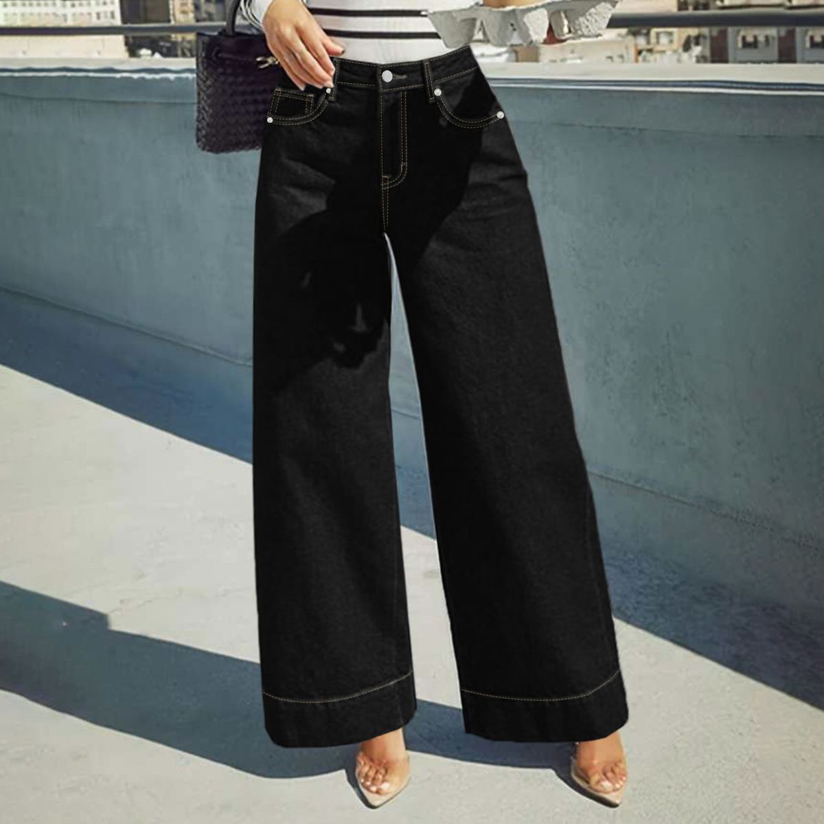 Women's Black Wide Leg Jeans Fashionable Design Casual Style Perfect For Autumn Available_mkmklike.com