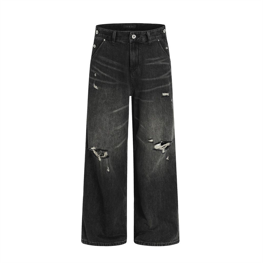 American Style Wahed Vintage Ripped Jean Men' Wide-Leg Floor-Length Pant High Street Cool Looe Straight-Leg_mkmklike.com