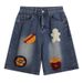Men's Summer Thin Loose Denim Shorts High Street Style American Trendy And Cool Five Point Embroidery with Hamburger Fries Towel_mkmklike.com