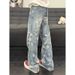 Men's Jacquard Washed Denim Jeans - Retro Cleanfit Style, Loose Fit Slightly Flared Leg_mkmklike.com