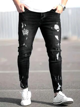 Men's Trendy Casual Ripped Stretch Jeans Washed Whiskered Slim Fit Trousers Wish Brand Standard Thickness_mkmklike.com