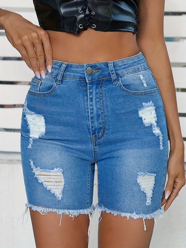 European And American Cross-border Summer New Vintage Stretch Ripped Raw Edge Denim Cycling Pants_mkmklike.com