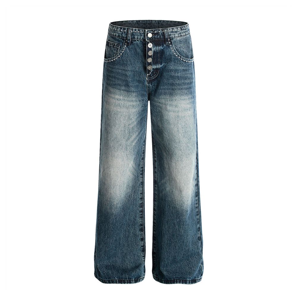Color-Block Washed Denim Straight-Leg Men's American High Street Design Stitched Loose Wide-Leg Pants_mkmklike.com
