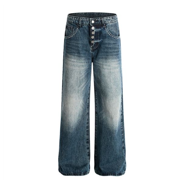 Color-Block Washed Denim Straight-Leg Men's American High Street Design Stitched Loose Wide-Leg Pants_mkmklike.com
