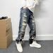 Men's Distressed Wide Leg Jeans High Street Style Patched Loose Fitting Straight Leg Pants Trendy And Cool_mkmklike.com