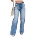 Women's High-Waisted Straight Distressed Jeans – Ripped Denim Pants With Vintage Wash (Blue/Black, Cotton Blend)_mkmklike.com