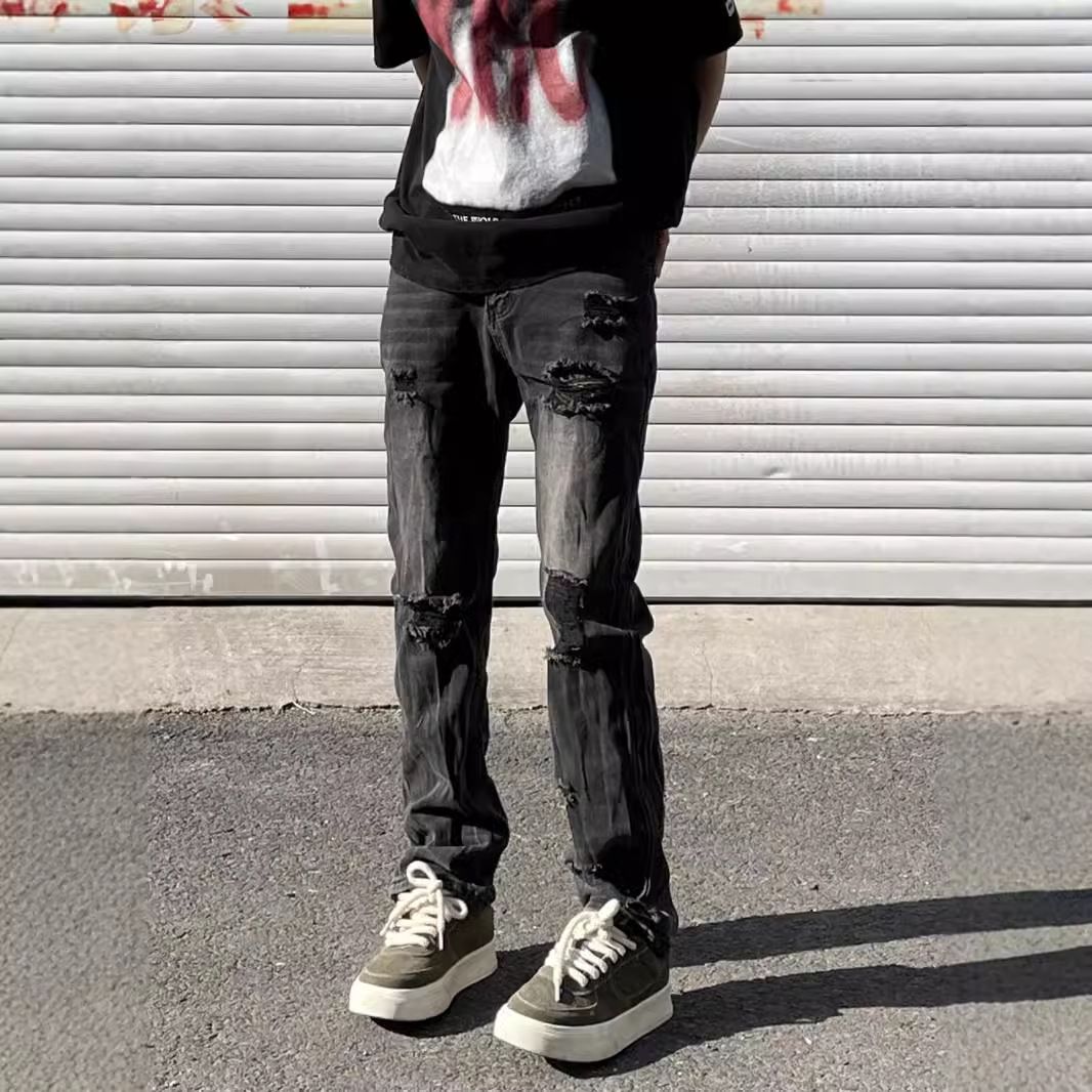 American High Street Ripped Jeans For Men Summer Trendy Brand Versatile High-end Loose Straight Pants_mkmklike.com