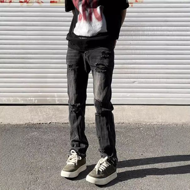 American High Street Ripped Jeans For Men Summer Trendy Brand Versatile High-end Loose Straight Pants_mkmklike.com
