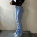 Women's High-Waisted Washed Blue Distressed Denim Jeans Retro Black Floral Print Flare Hem_mkmklike.com