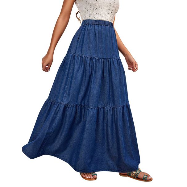 Women’s Classic Denim Maxi Skirt – High-Waisted A-Line Long Skirt In Dark Blue (S-XXL)_mkmklike.com