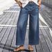 Women's Retro Wide Leg Casual Jeans mid Rise Stretch Distressed Hem Slanted Pockets Cropped Length European American Style_mkmklike.com