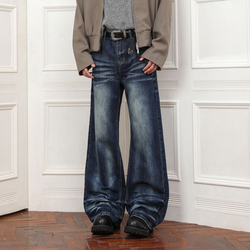 Men's Vintage Washed Jeans - Relaxed Fit Cat Whisker Slight Flare Denim Pants With Long Silhouette For Unisex Streetwear_mkmklike.com