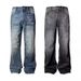 American Retro Dark Blue Lightning Cracked Jeans For Men And Women Loose Wide Leg Pants Washed Straight Flared Pants_mkmklike.com