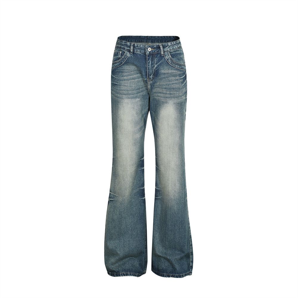 American Style Washed Floor-Length Flared Vibe Trend Men's Long Distressed Denim Loose Wide-Leg Bell-Bottom Pants_mkmklike.com