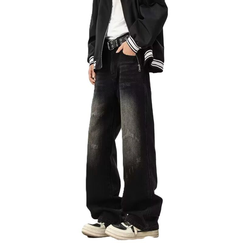Retro Ripped Jeans Men's Spring And Autumn Washed Old American High Street Trendy Brand Casual Straight Loose Wide-leg Pants_mkmklike.com