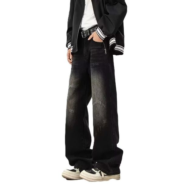 Retro Ripped Jeans Men's Spring And Autumn Washed Old American High Street Trendy Brand Casual Straight Loose Wide-leg Pants_mkmklike.com