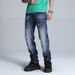 Men's Relaxed Fit Vintage Washed Denim Jeans - Dark Blue With White Fading, Cotton Comfort, Straight Leg Casual Trousers_mkmklike.com