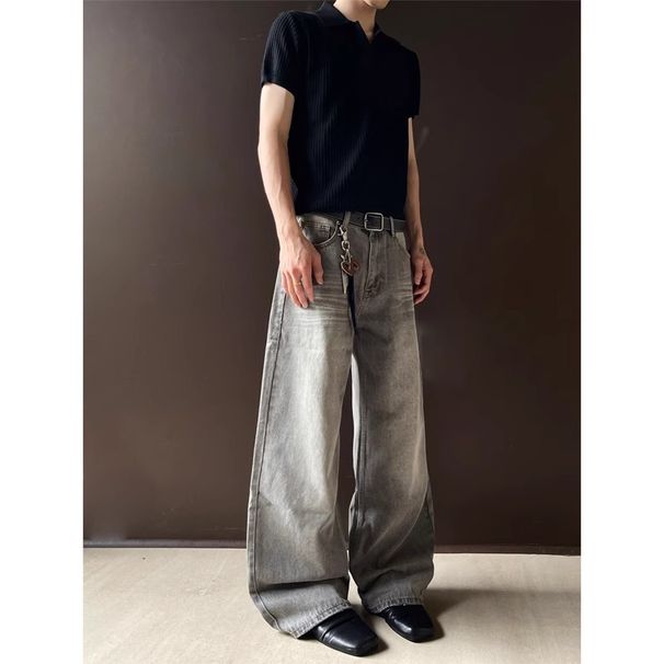 Men's Clothing Vintage Washed Cleanfit Jeans - Relaxed Straight Leg Loose Fit Distressed Denim Pants With Tapered Cuff, Streetwear Casual Style_mkmklike.com