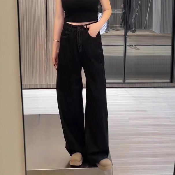 2024 Autumn/Winter New Wide-Leg Jeans For Plus-Size Women, Elastic Loose Fit, High-Waisted, Slimming, Straight-Leg_mkmklike.com