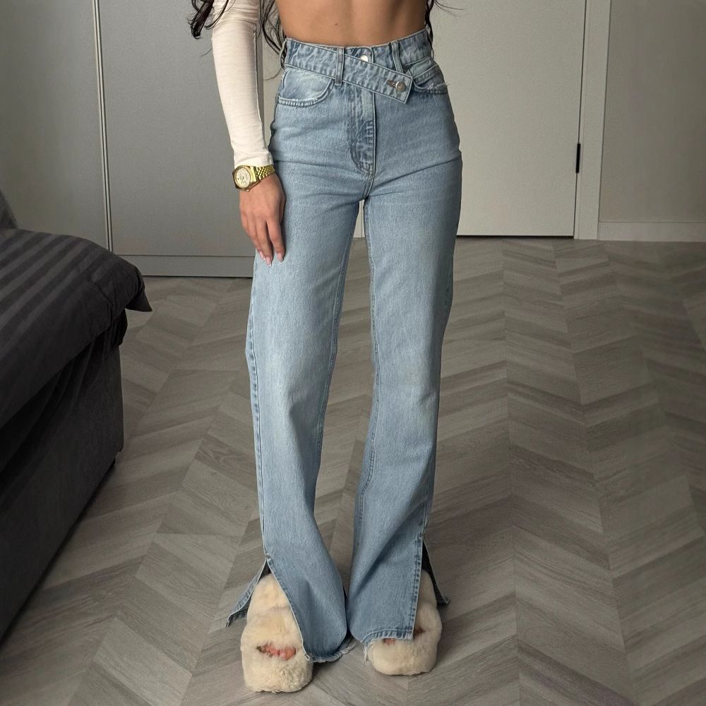 Women's Clothing Vintage Inspired High Waist Flared Jeans For Women - Asymmetrical Hem, Slit Detail, Slim Fit Stretch Denim Pants (Light Blue)_mkmklike.com