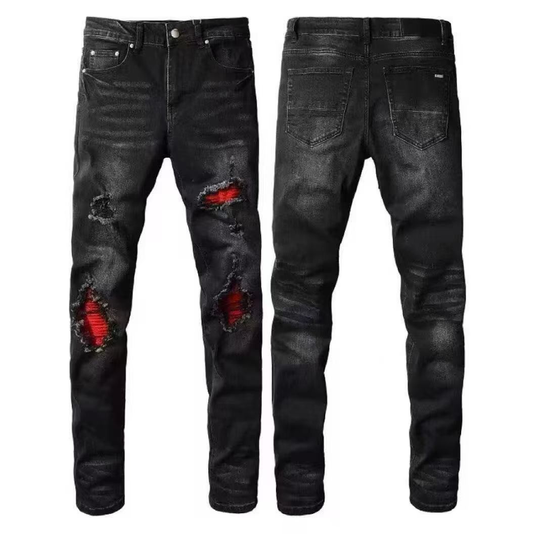 American High Street Ripped Jeans Personalized Red Patch Trendy Black Elastic Small Foot Slim Pants_mkmklike.com