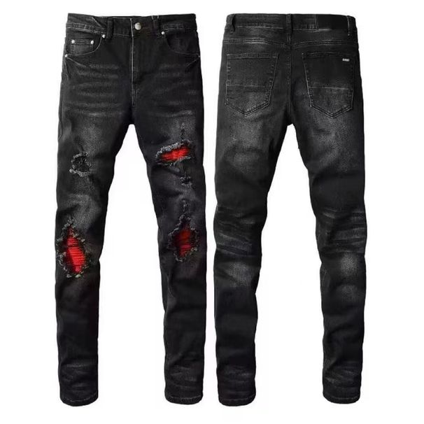 American High Street Ripped Jeans Personalized Red Patch Trendy Black Elastic Small Foot Slim Pants_mkmklike.com