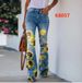 Women's clothing large size women's casual pants denim bell-bottom pants floral pants_mkmklike.com