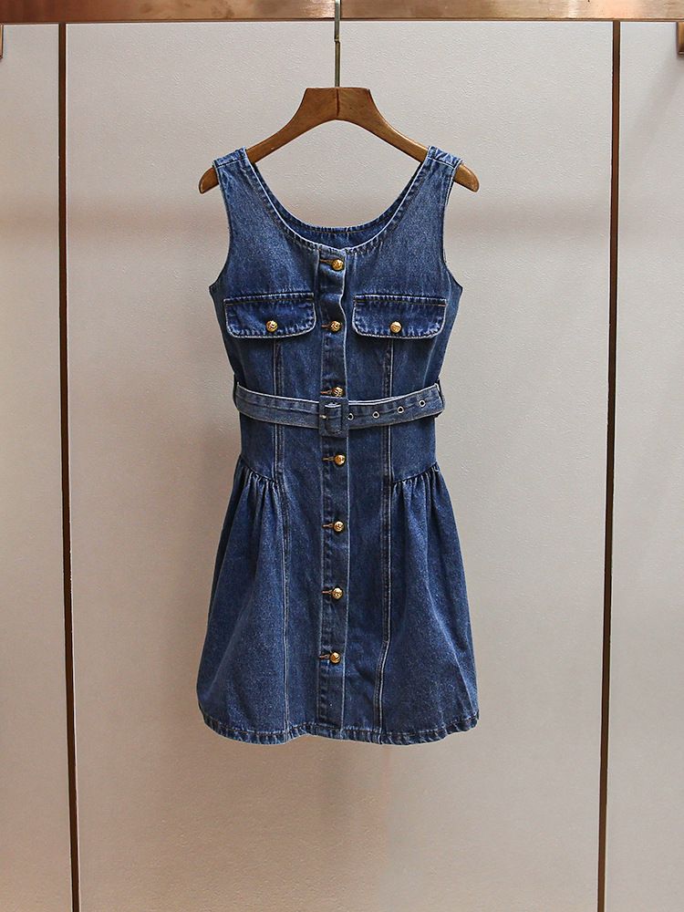 ELLE SP Home 2025 Early Spring New Fashion Retro Sweet Cool Elegant Waist-Cinching Short Puffy Denim Vest Dress For Women_mkmklike.com