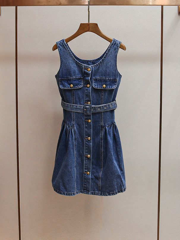 ELLE SP Home 2025 Early Spring New Fashion Retro Sweet Cool Elegant Waist-Cinching Short Puffy Denim Vest Dress For Women_mkmklike.com