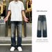 Men's Distressed Textured Wide Leg Jeans Retro Bamboo Pattern Straight Casual Trousers For Spring_mkmklike.com