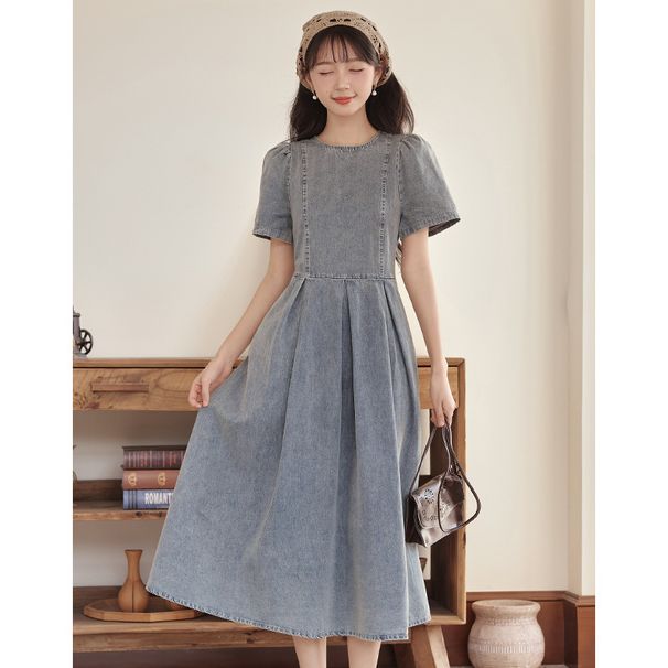 2025 Spring New French High Waist Look Thin And Tall Denim Hooded Round Neck Short Sleeved Dress For Women_mkmklike.com