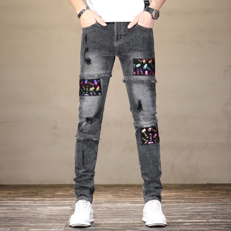 Men's Distressed Print Skinny Jeans – Vintage-Inspired Patchwork Denim Pants With Mid-Rise Fit & Stretch Comfort (Dark Grey, 28-38)_mkmklike.com