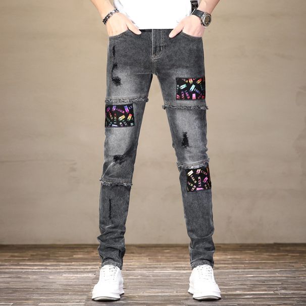 Men's Distressed Print Skinny Jeans – Vintage-Inspired Patchwork Denim Pants With Mid-Rise Fit & Stretch Comfort (Dark Grey, 28-38)_mkmklike.com