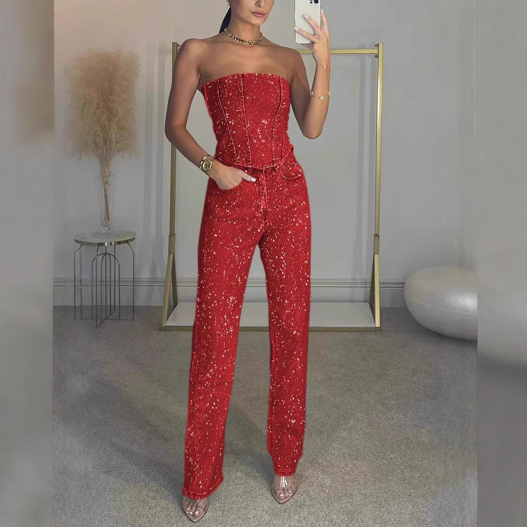 Women's Clothing Cross Border Independent Station Sexy Off Shoulder Shiny Vest Diamond Trousers Suit Two Piece Suit For Women_mkmklike.com