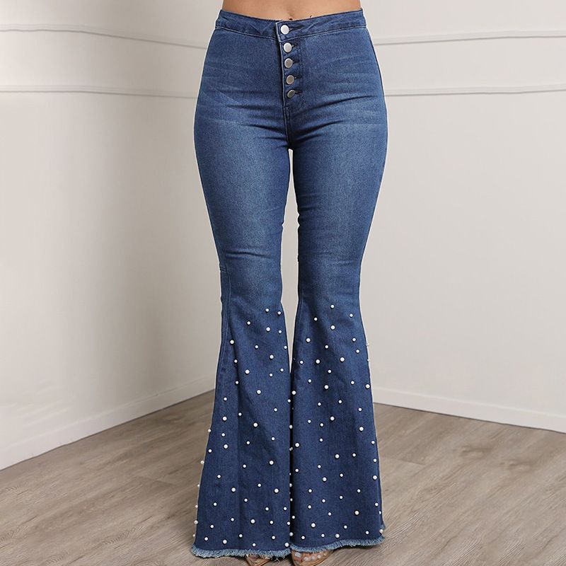 Women's High-Waisted Flared Jeans With Rhinestones - Stretchy Retro Vintage Denim Pants (Blue/Black, S/M/L/XL/XXL)_mkmklike.com