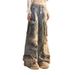 Street Style Design Graffiti Multi-Pocket Blue Wide-Leg Jeans Unisex Retro Washed Straight Work Pants_mkmklike.com