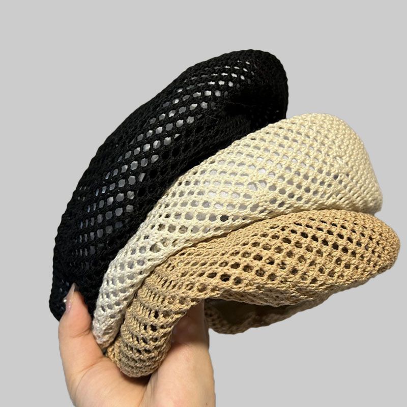 Hot Sale Hollow woven breathable Beret summer women's simple casual painter travel multifunctional pumpkin mushroom hat_mkmklike.com