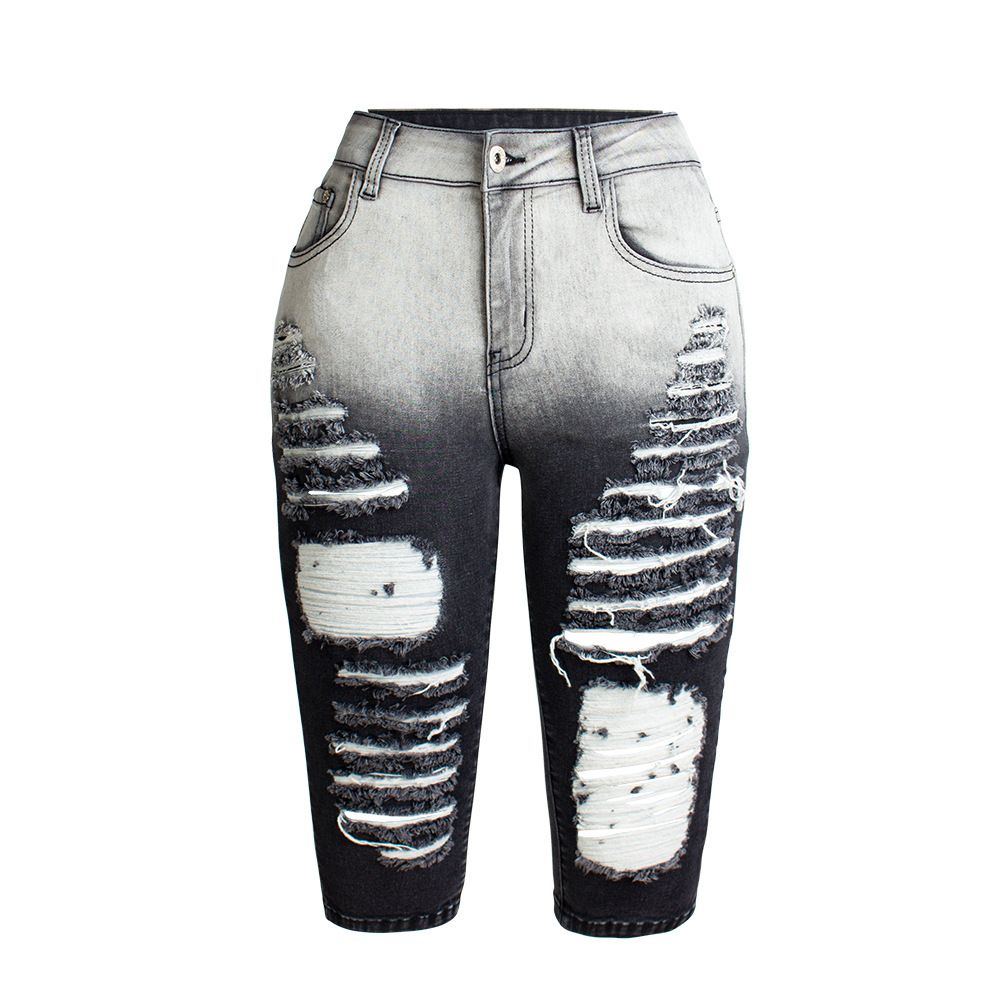 Women's clothing stretch ripped straight leg quarter pants black jeans women_mkmklike.com