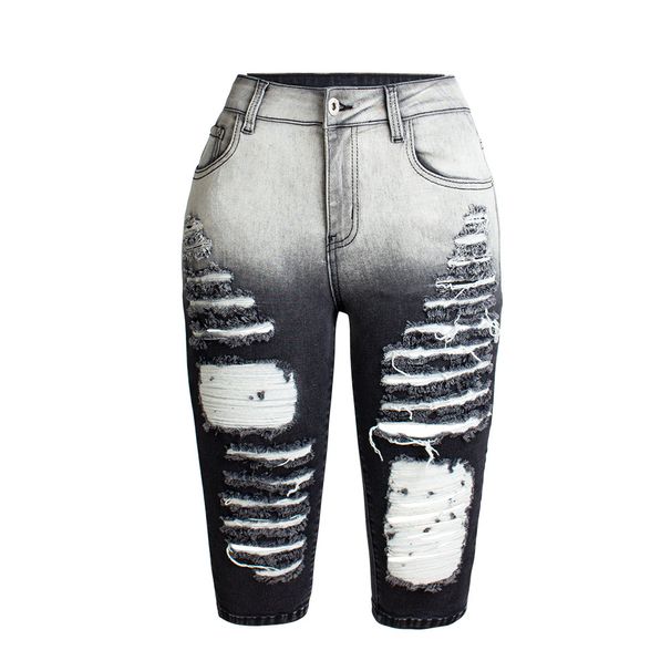 Women's clothing stretch ripped straight leg quarter pants black jeans women_mkmklike.com