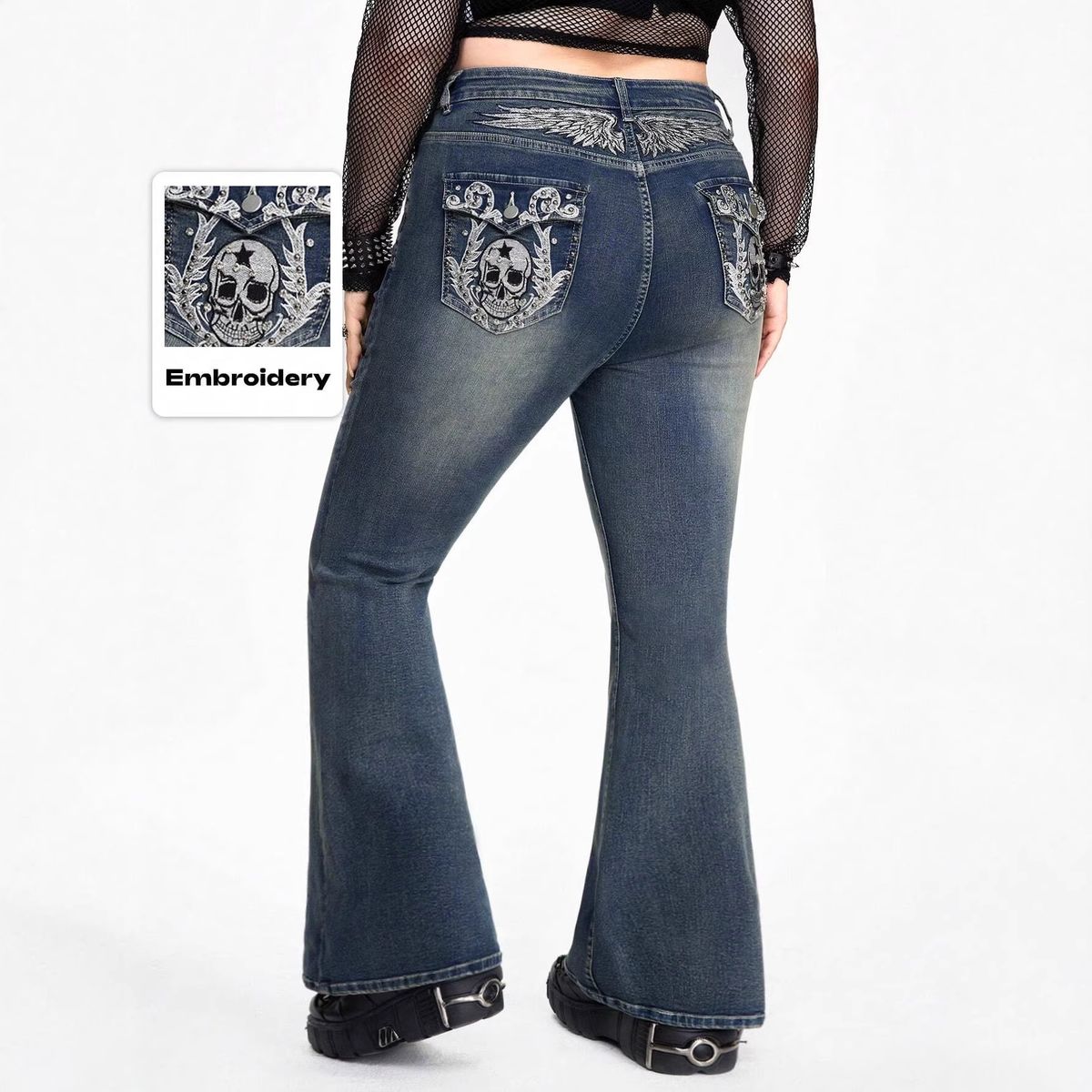 High Waisted Flared Jeans for Women Punk Style Sexy Skull Embroidery plus Size Denim Jeans Factory Direct in Stock_mkmklike.com