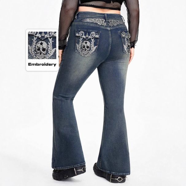 High Waisted Flared Jeans for Women Punk Style Sexy Skull Embroidery plus Size Denim Jeans Factory Direct in Stock_mkmklike.com