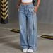 Korean Style Wide Leg Jeans for Women Heavy Rhinestone Bow High Waist Floor Length Pants with Flowing Ribbon Design_mkmklike.com